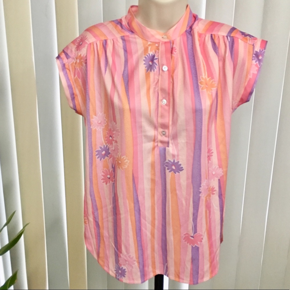 Vintage 70s Fire Islander Flower Stripe Blouse Top